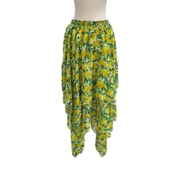 Sakkas Women's Maxi Skirt Lemon Print Tiered Asymmetrical Chiffon One Size Flowy - Picture 5 of 8